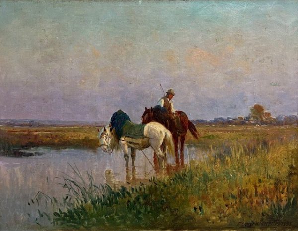 Frederico Lange de Morretes, Óleo sobre Tela, 50 x 65 cm , Paisagem com Cavalos , datado 1935