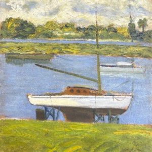 Miguel Bakun, Paisagem com Barco, óleo sobre juta sobre placa, 33,5 x 28 cm