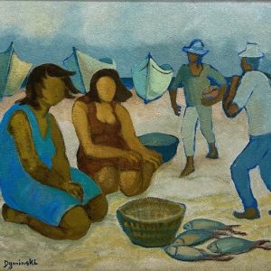 Sofia Dyminski, óleo sobre tela, 50 x 60 cm , "todo dia é dia de pesca" datado 1986