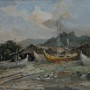 Egenolf Theilacker, óleo sobre tela , 30 x 40 cm , Barcos na Barra, florianópolis, 1986