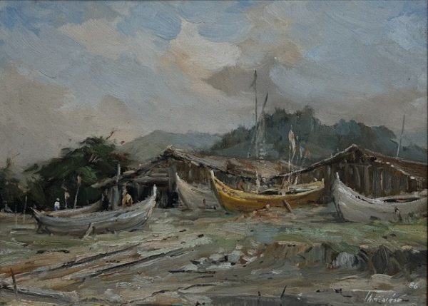 Egenolf Theilacker, óleo sobre tela , 30 x 40 cm , Barcos na Barra, florianópolis, 1986